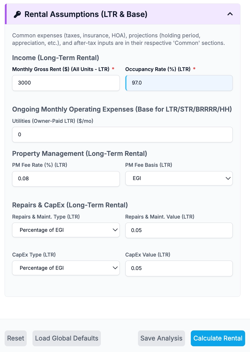 Rental Assumptions (LTR & Base)
